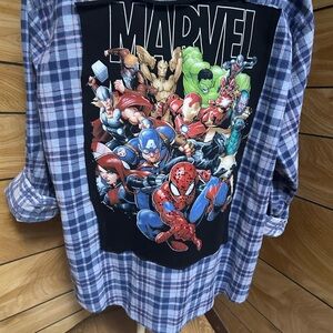 Marvel Plaid Shirt with Colorful Superhero Group Print - Blue & Black